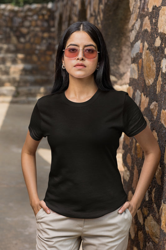 Black Solid Tee for Women